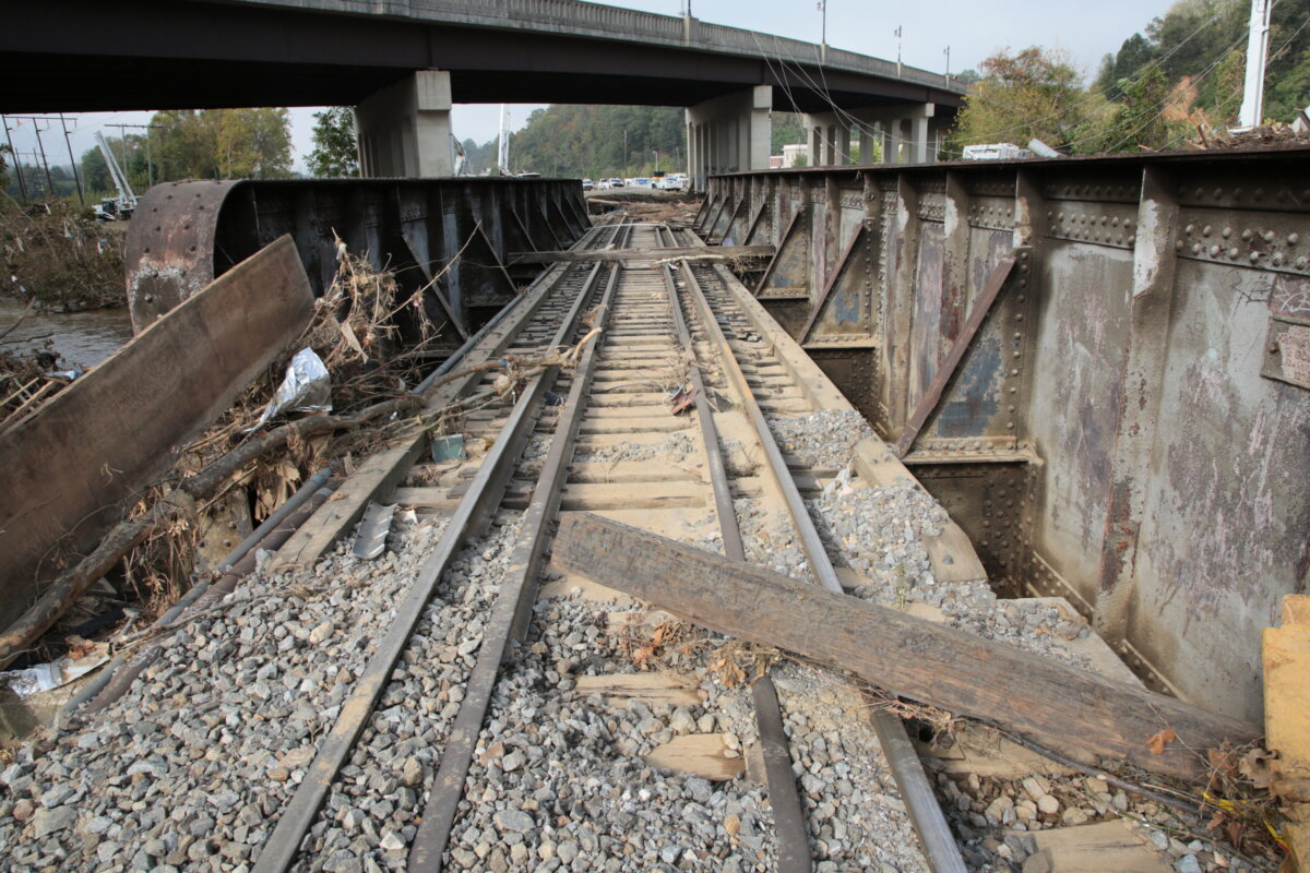 A blocked rail bridge in Biltmore Village, Asheville, N.C, on Oct. 5, 2024. (Richard Moore/The Epoch Times)