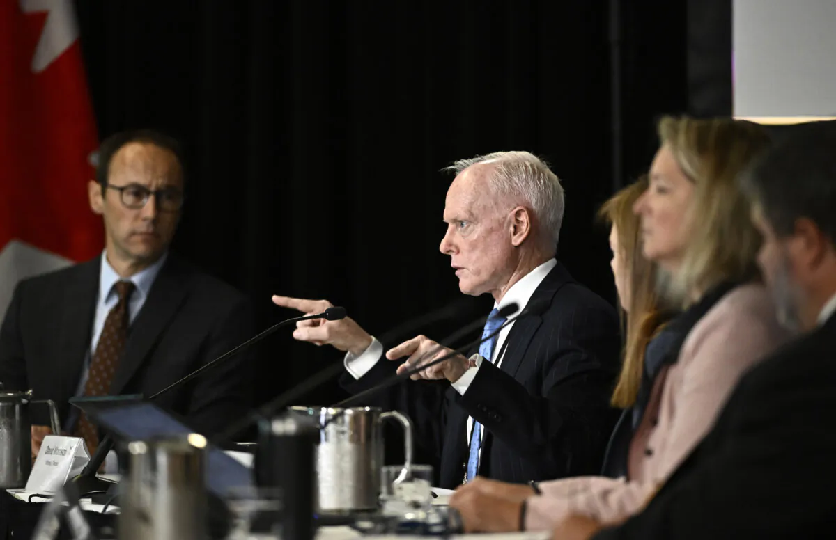 David Morrison, deputy minister of foreign affairs, appears as a witness with representatives from Global Affairs Canada at the Foreign Interference Commission in Ottawa on Oct. 4, 2024. (Justin Tang/The Canadian Press)