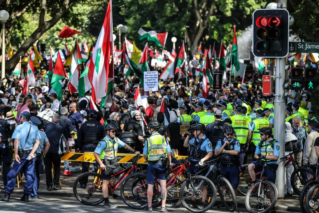 Pro Palestine supporters gather during a protest at Hyde Park in Sydney, Australia on Oct. 6, 2024. (Roni Bintang/Getty Images)