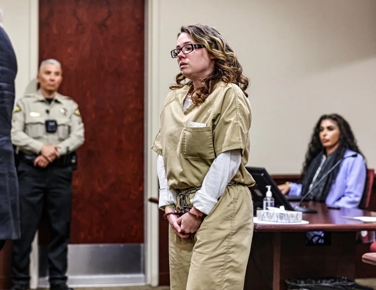 Hannah Gutierrez-Reed steps forward to address Judge T. Glenn Ellington during a plea hearing at the First Judicial District Courthouse in Santa Fe, N.M., on Oct. 7, 2024. (Gabriela Campos/Santa Fe New Mexican via AP)