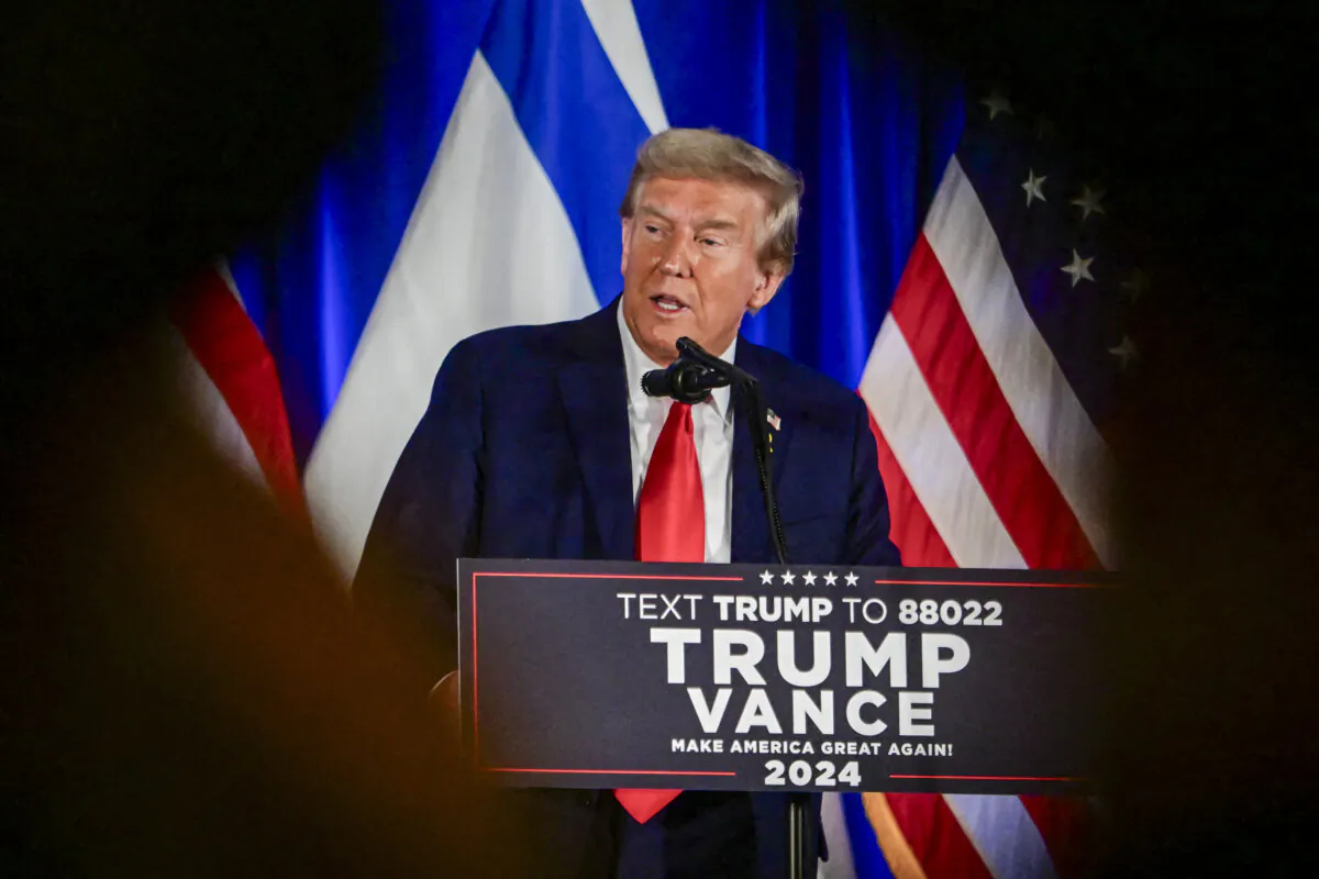 Former U.S. President and Republican presidential candidate Donald Trump speaks at a remembrance event to mark the first anniversary of the Hamas attack on Israel at Trump National Doral Golf Club in Miami, Fla., on Oct. 7, 2024. (GIORGIO VIERA/AFP via Getty Images)