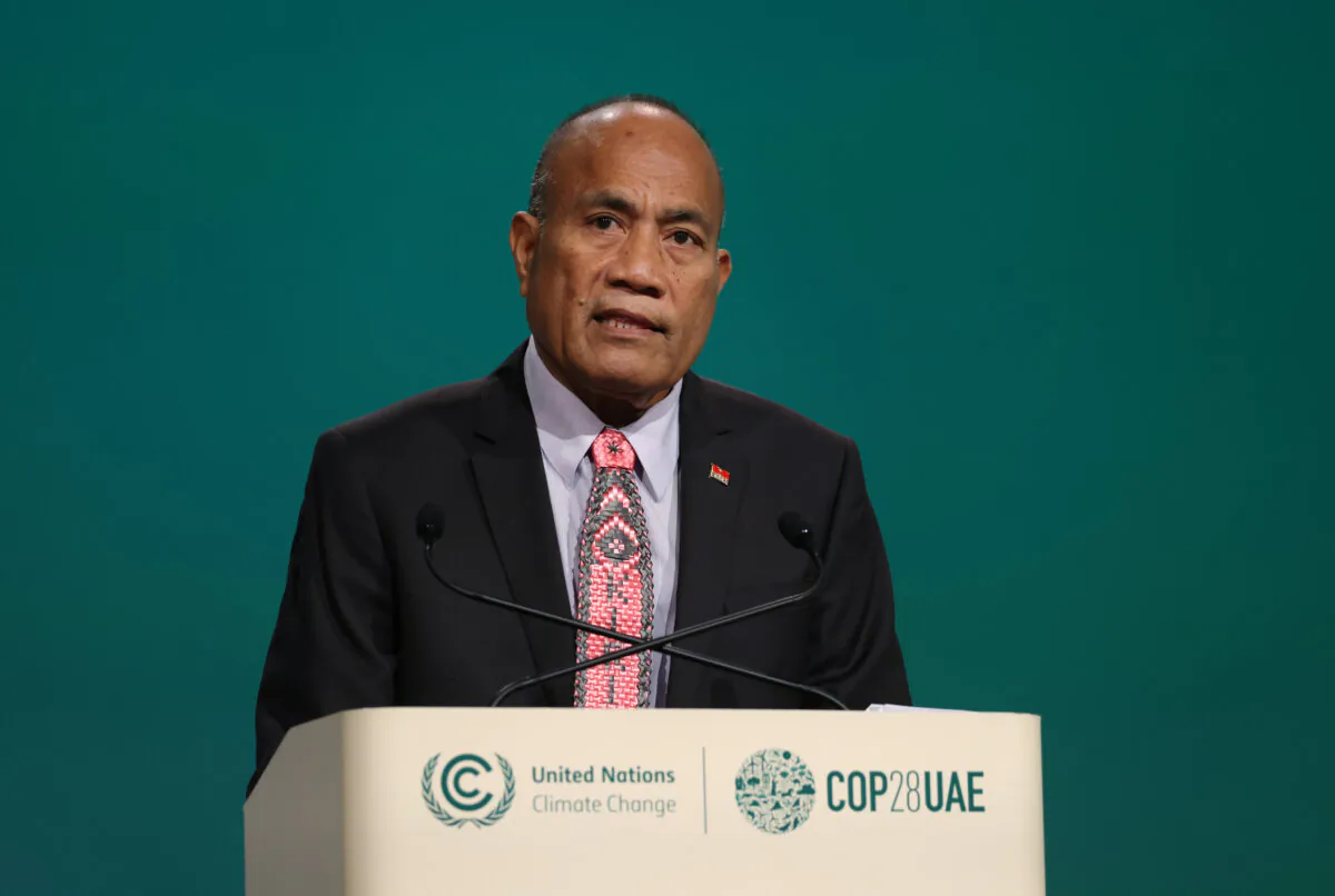 Taneti Maamau, president of the Pacific island of Kiribati, speaks in a resumed high-level segment on day nine of the UNFCCC COP28 Climate Conference at Expo City Dubai in Dubai, United Arab Emirates, on Dec. 9, 2023. (Sean Gallup/Getty Images)