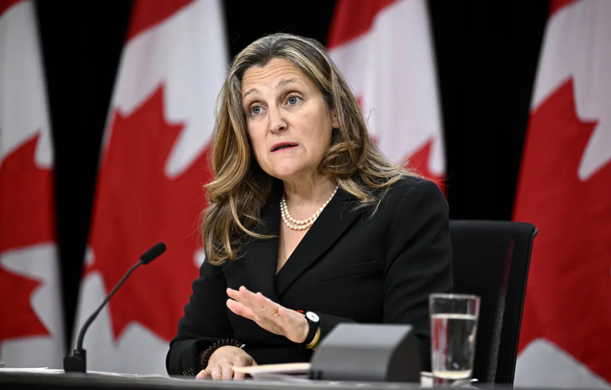 Deputy Prime Minister and Minister of Finance Chrystia Freeland speaks at a news conference on the government's economic plan, at National Press Theatre in Ottawa, on Oct. 8, 2024. (The Canadian Press/Justin Tang)