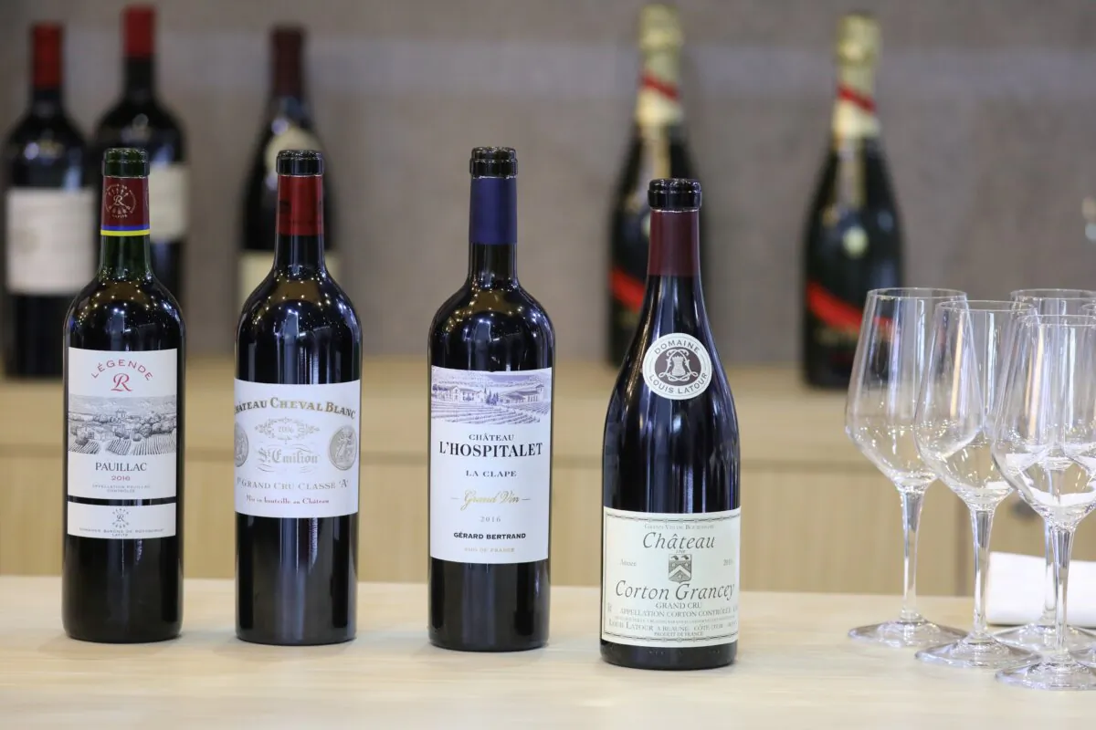 Wine is displayed at France's pavilion during the China International Import Expo in Shanghai on Nov. 5, 2019. (Ludovic Marin/AFP via Getty Images)