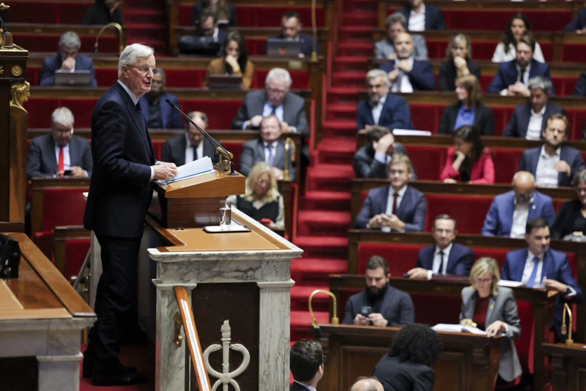 French Prime Minister Michel Barnier delivers a speech during a parliamentary session debate on a vote on no confidence motion at The National Assembly in Paris on Oct. 8, 2024. (Thomas Samson/AFP via Getty Images)