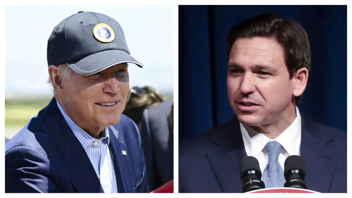 (Left) President Joe Biden greets attendees before delivering remarks at the Lucy Evans Baylands Nature Interpretive Center and Preserve in Palo Alto, Calif., on June 19, 2023. (Andrew Caballero-Reynolds/AFP via Getty Images); (Right) Florida Gov. Ron DeSantis delivers remarks in Greensboro, N.C., on June 9, 2023. (Win McNamee/Getty Images)