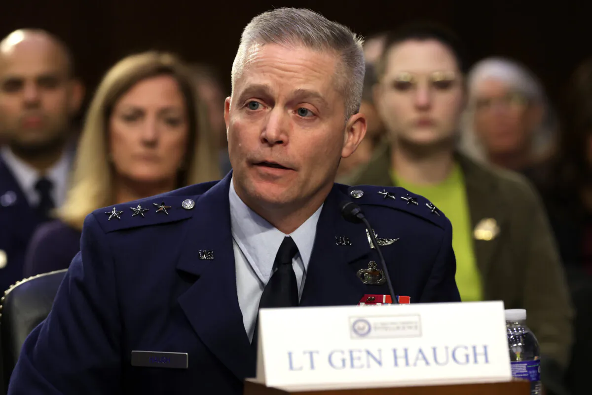Air Force Lieutenant General Timothy Haugh testifies during his confirmation hearing before the Senate Select Committee on Intelligence at Hart Senate Office Building on Capitol Hill in Washington on July 12, 2023. (Alex Wong/Getty Images)