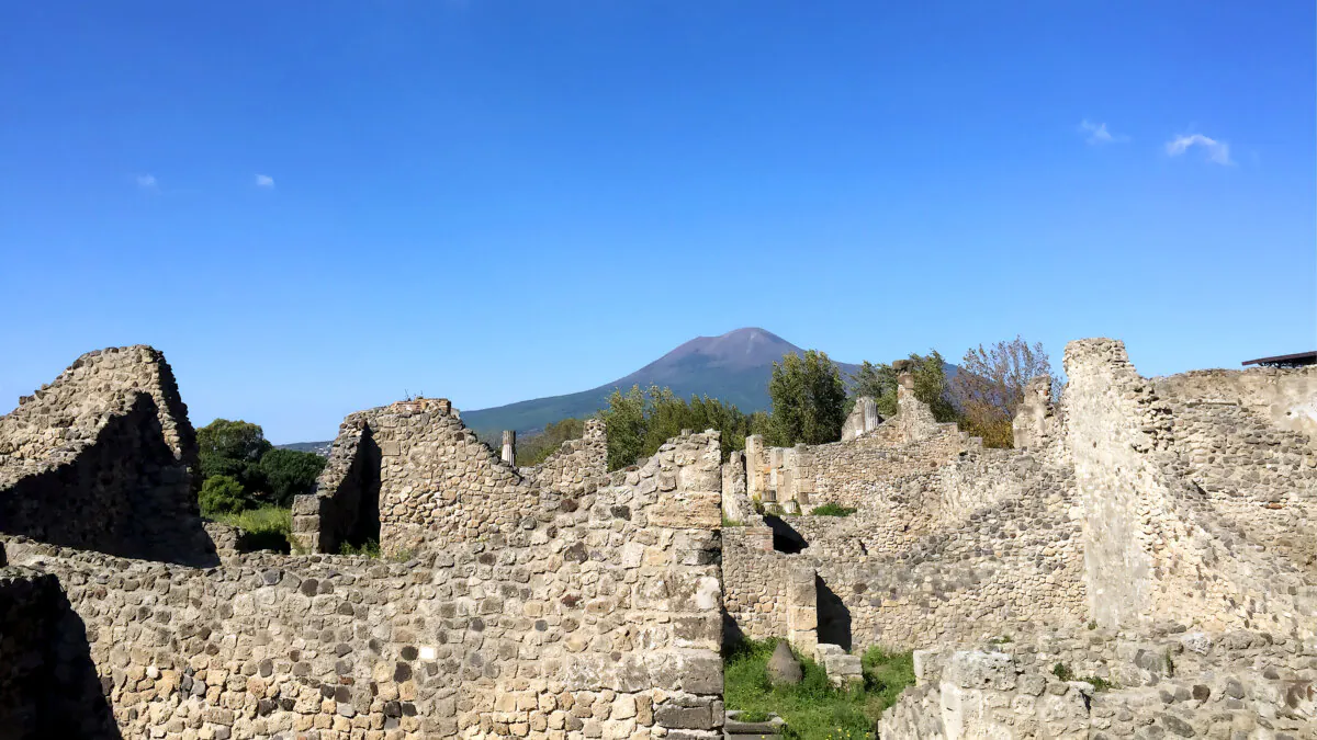 Mount Vesuvius, a still-active volcano, looms over the ruins of Pompeii. (Orin Dubrow, Rick Steves' Europe)