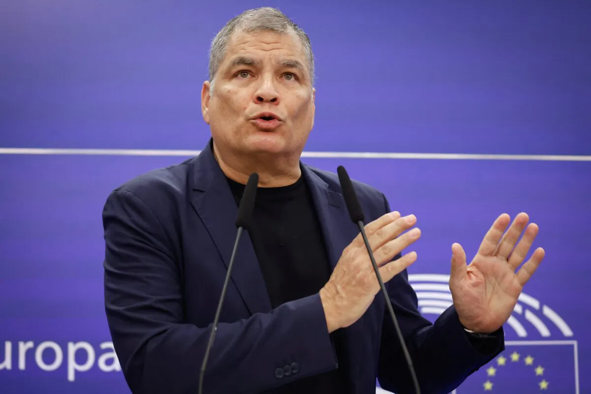 Ecuador's former President Rafael Correa delivers remarks denouncing Ecuadorian authorities' storming of the Mexican embassy in Quito, during a press conference at the European Parliament in Brussels on April 9, 2024. (Kenzo Tribouillard/AFP via Getty Images)