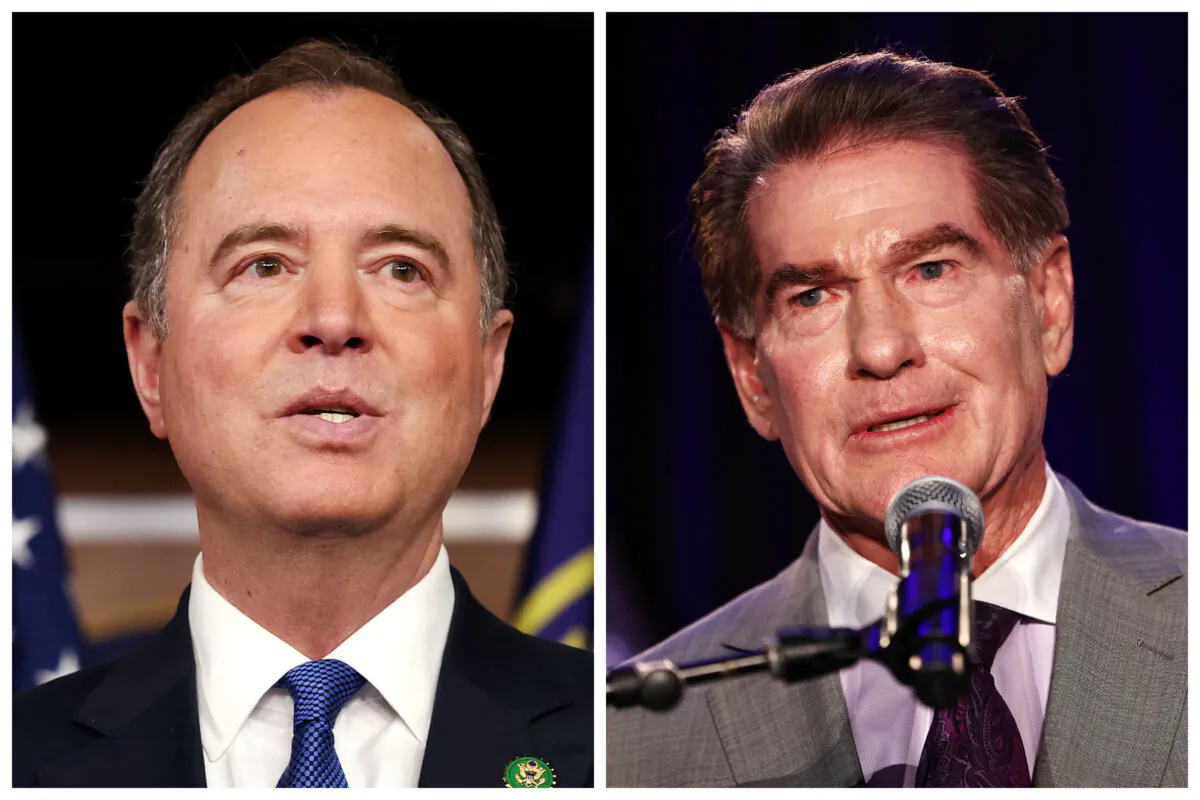 (Left) Rep. Adam Schiff (D-Calif.) speaks at a news conference at the U.S. Capitol on Jan. 25, 2023. (Right) Republican U.S. Senate candidate Steve Garvey speaks at a primary election watch party in Palm Desert, Calif., on March 5, 2024.  (Kevin Dietsch, Mario Tama/Getty Images)