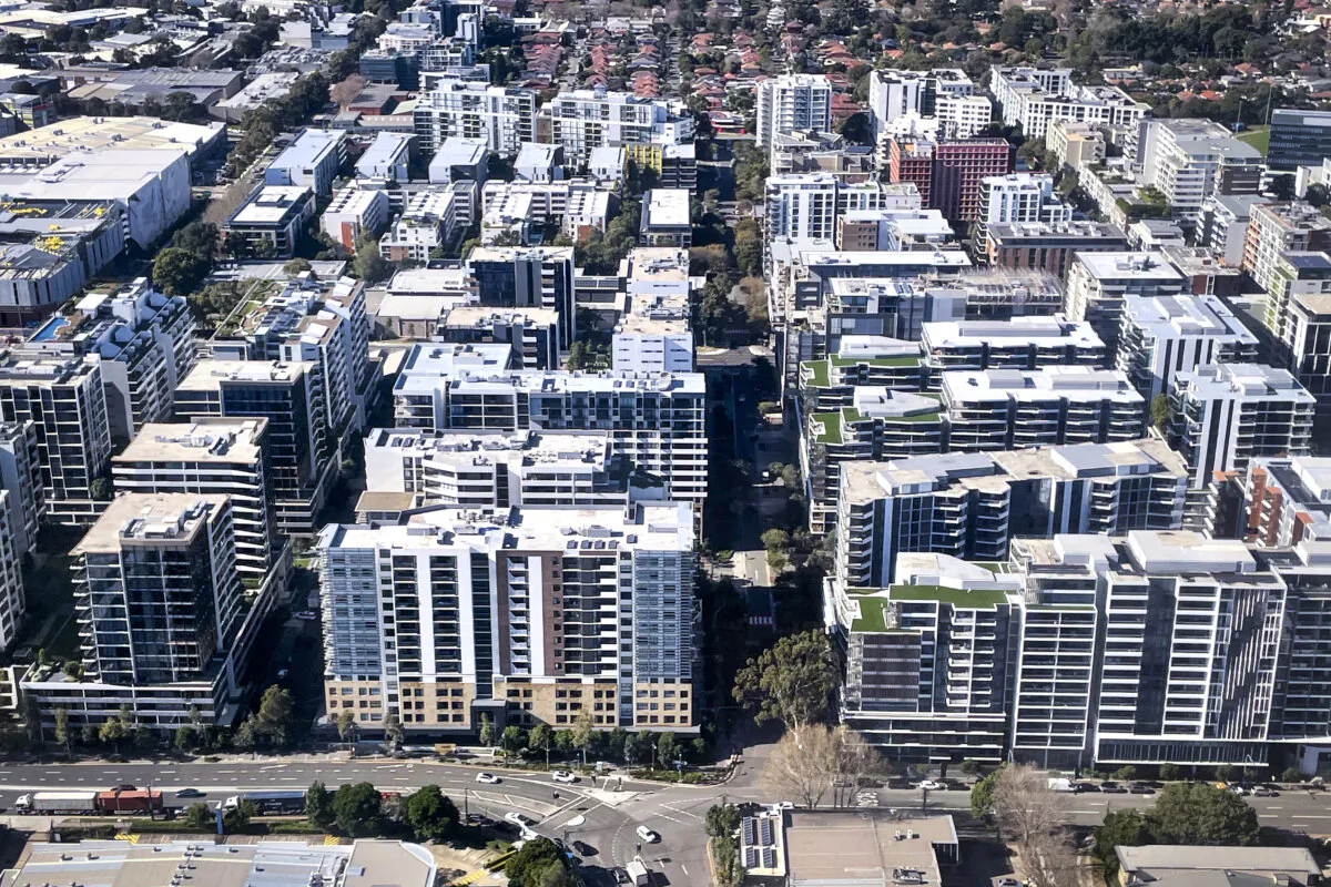 A photo taken on June 16, 2024 shows an aerial view of apartment blocks located in the Sydney suburb of Mascot in Australia. (David Gray/AFP via Getty Images)