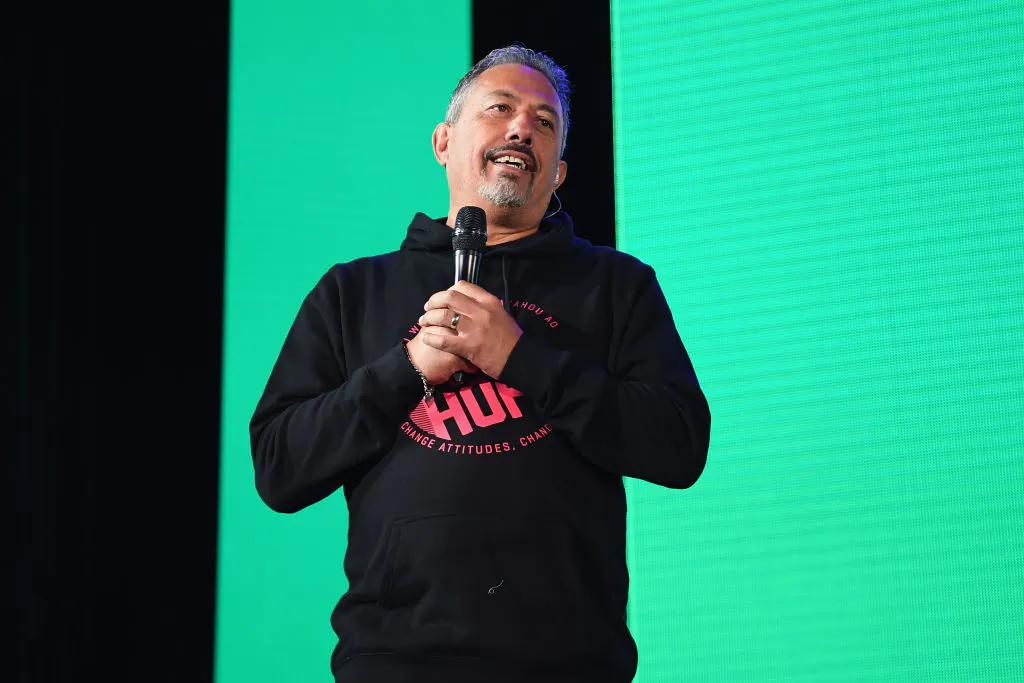 Mike King speaks during the You Are Us/Aroha Nui Concert at Christchurch Stadium in Christchurch, New Zealand, on April 17, 2019. (Kai Schwoerer/Getty Images)