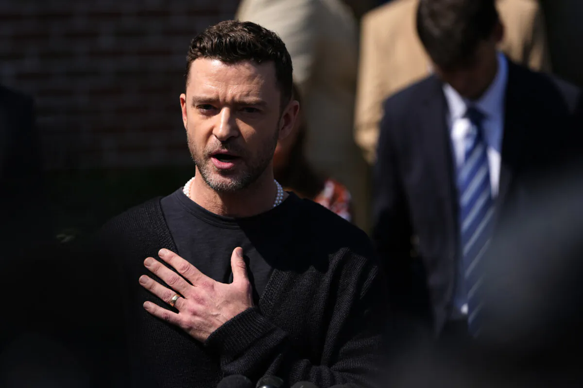 Justin Timberlake speaks to the press after a court hearing in Sag Harbor, New York, on Sept. 13, 2024. (Pamela Smith/AP Photo)