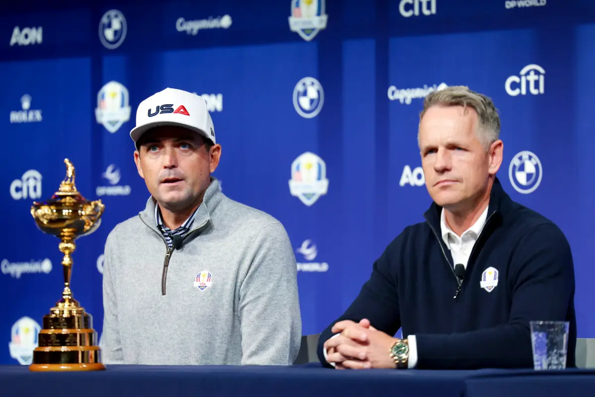 Keegan Bradley of The United States and Luke Donald of England speak at a press conference during the Ryder Cup 2024 Year to Go Media Event at The Times Center in New York, New York on October 08, 2024. (Andrew Redington/Getty Images)