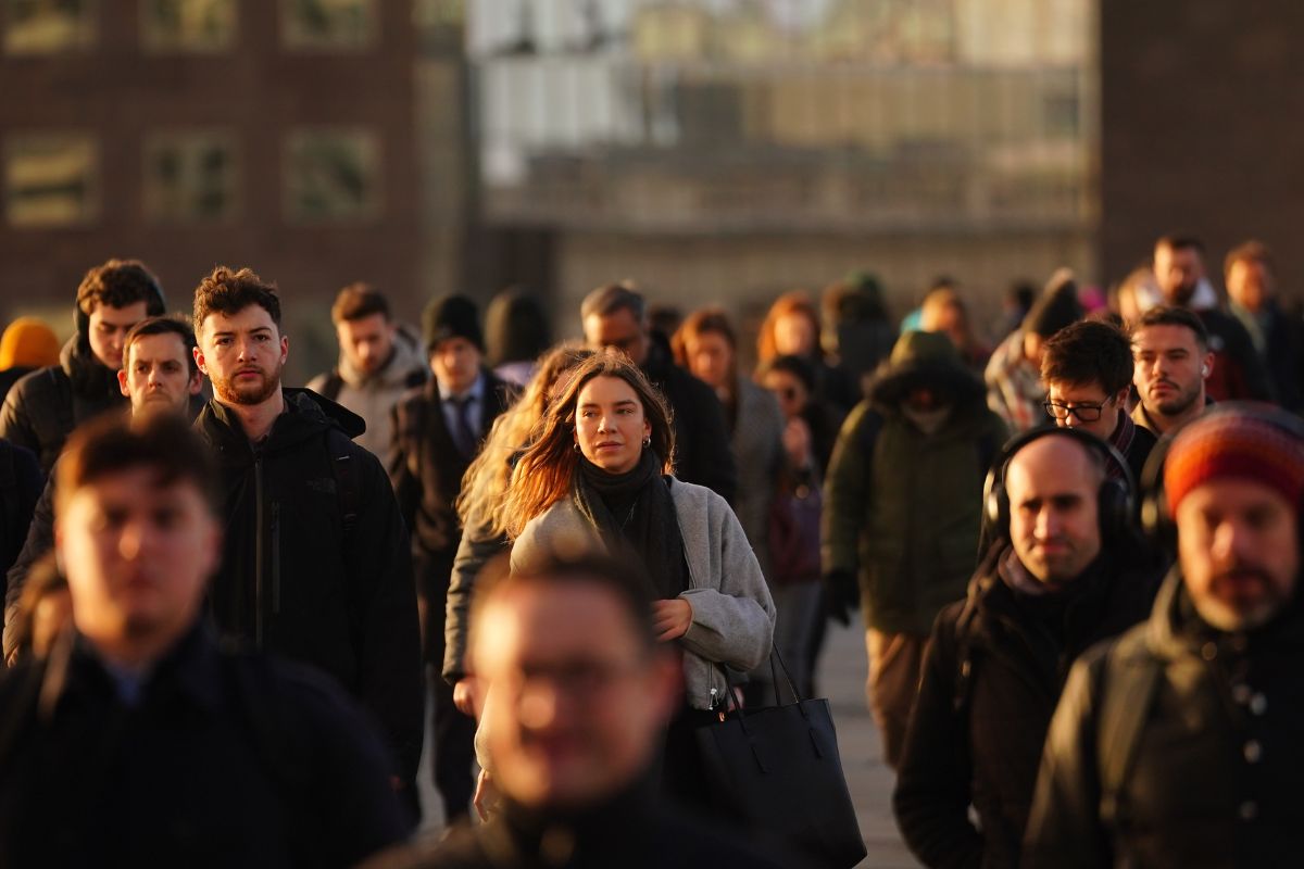 Commuters on London Bridge in London, England, on Jan. 22, 2024. (Victoria Jones/PA Wire)