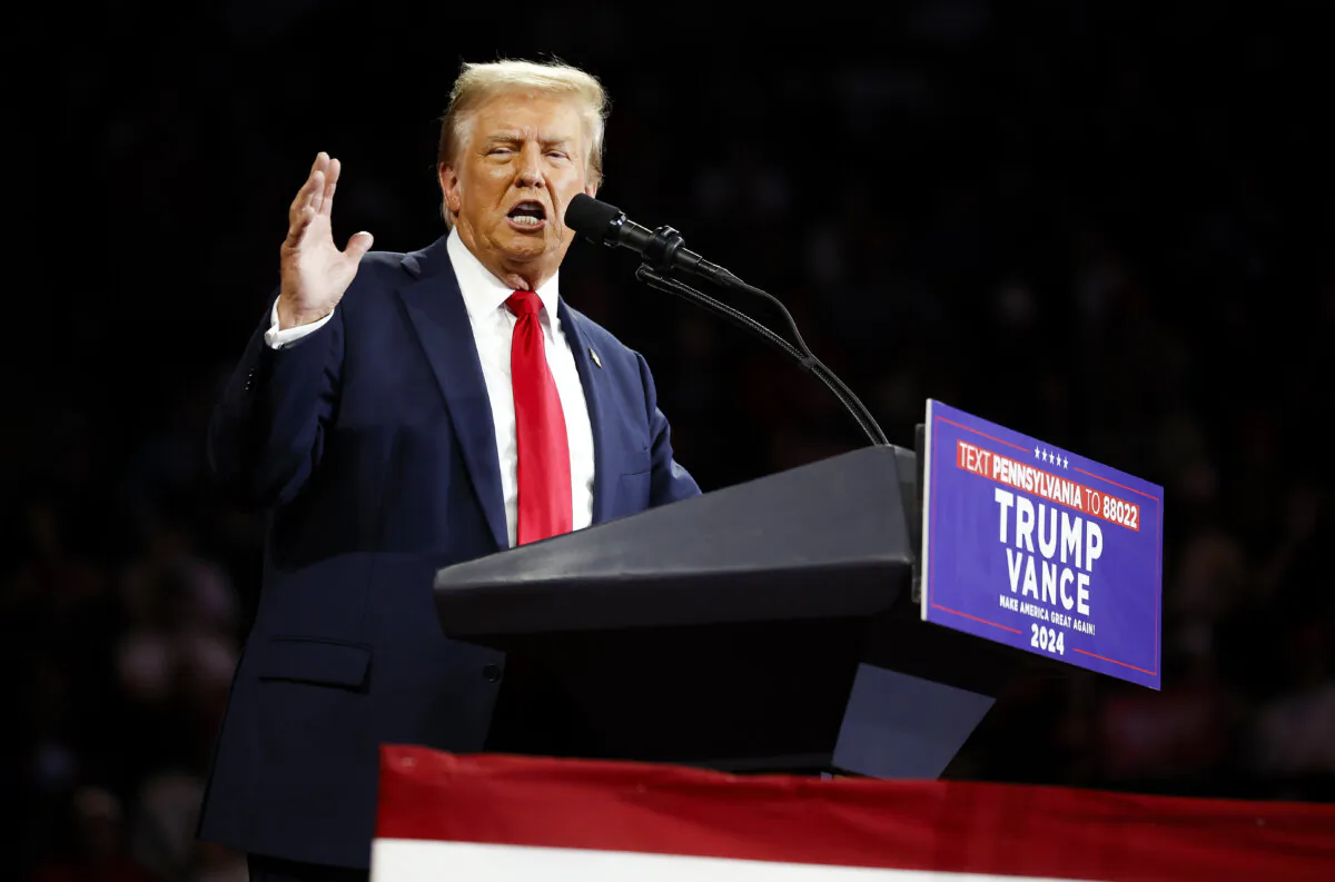 Former President Donald Trump delivers remarks at a campaign rally at the Santander Arena, in Reading, Penn., on Oct. 9, 2024. (Chip Somodevilla/Getty Images)