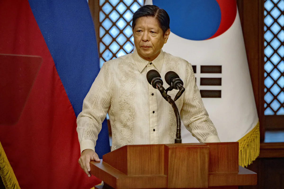 Philippine President Ferdinand Marcos delivers a speech at the Malacanang Palace in Manila, Philippines, on Oct. 7, 2024. (Ezra Acayan/POOL/AFP)
