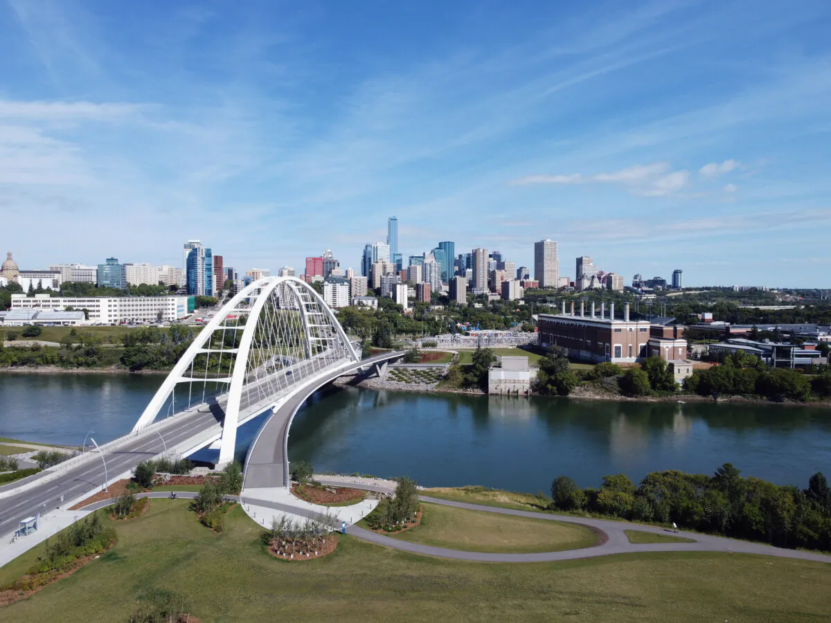 The Walterdale Bridge with the city skyline in the background in Edmonton on Aug. 28, 2020. (Bruce Bennett/Getty Images)