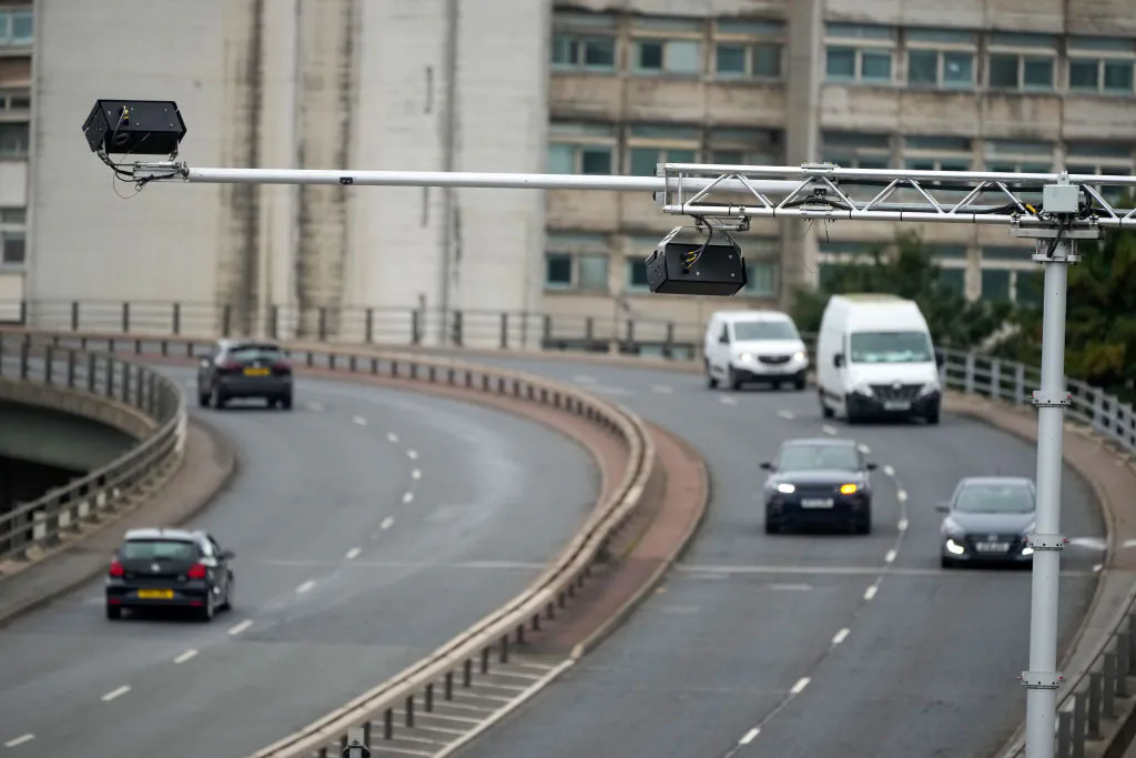 An AI safety camera monitors and records traffic on Mancunian Way on Sept. 5, 2024 in Manchester, England. (Christopher Furlong/Getty Images)
