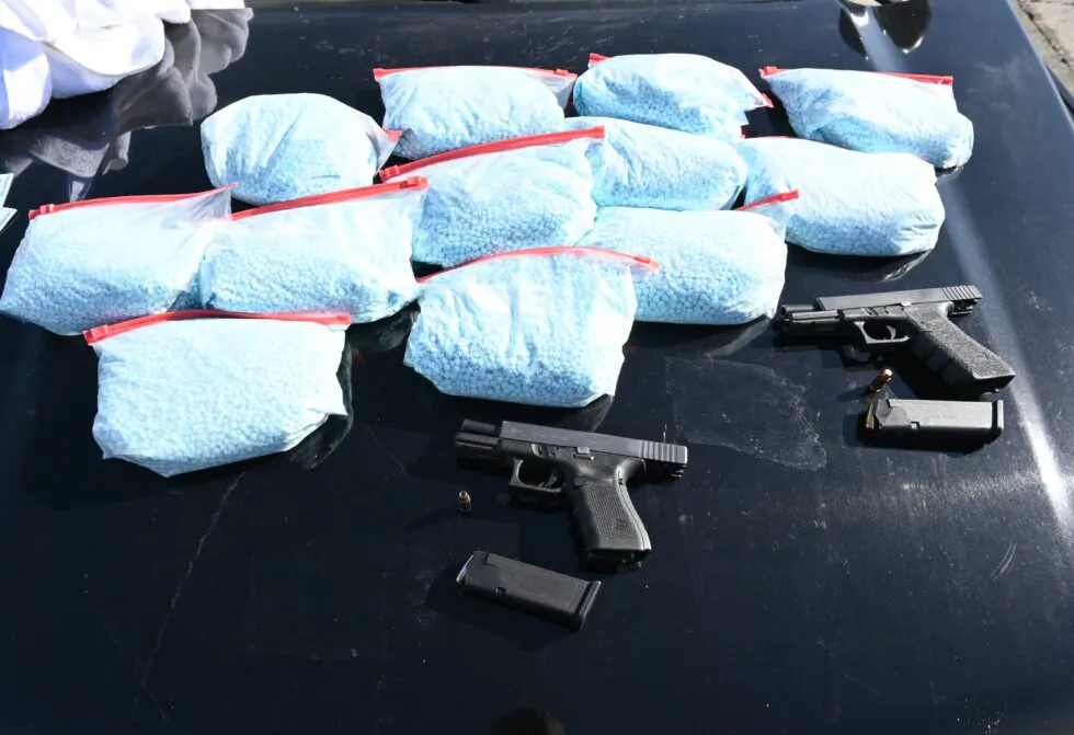 Authorities seized about 120,000 fentanyl-laced pills and two handguns during a traffic stop on Interstate 5 in Los Baños, Calif., on Oct. 4, 2024. (California Highway Patrol)