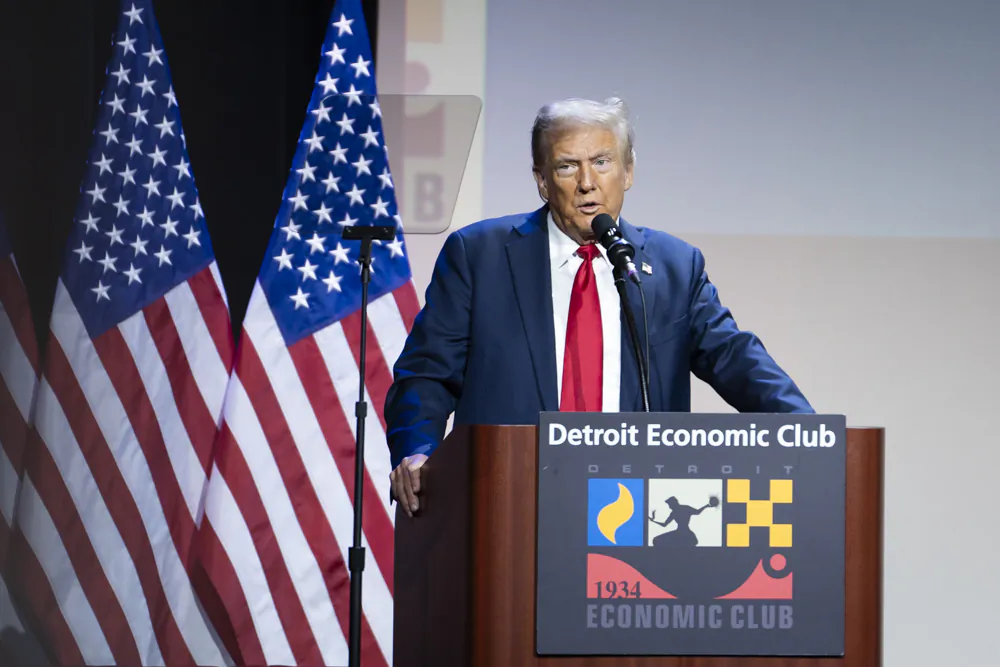 Republican presidential candidate, former President Donald J. Trump, speaks at the Detroit Economic Club in Detroit, Mich., on Oct. 10, 2024. (Madalina Vasiliu/The Epoch Times)