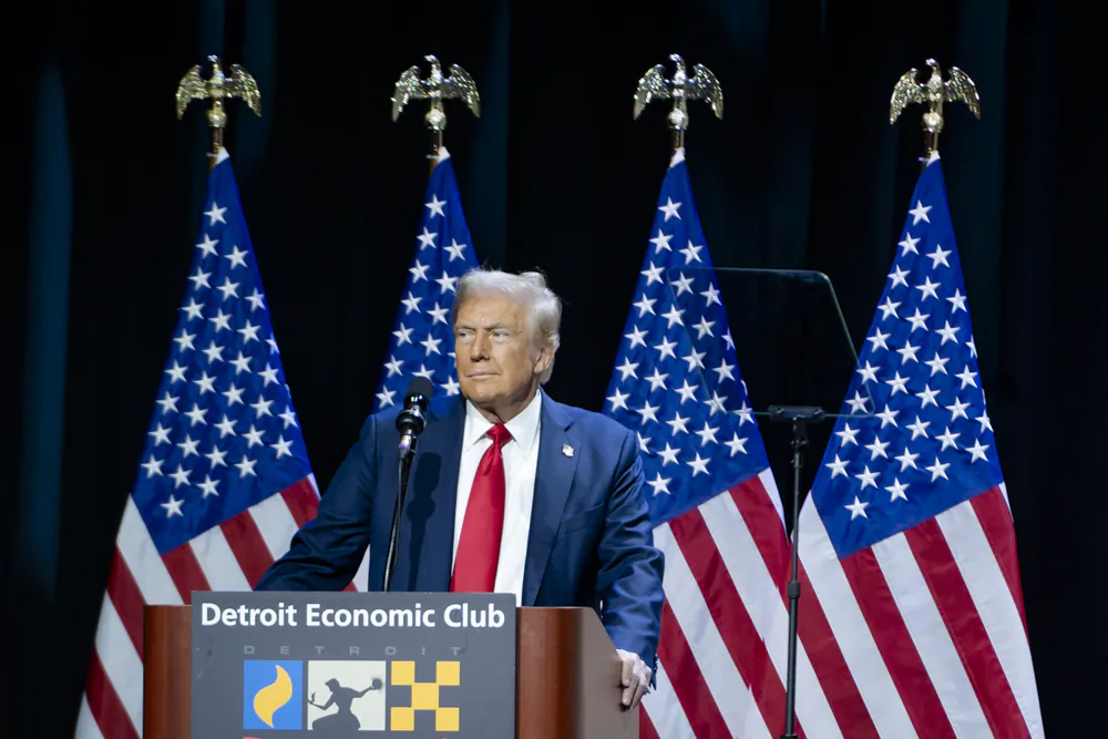 Republican presidential candidate, former President Donald J. Trump, speaks at the Detroit Economic Club in Detroit, Mich., on Oct. 10, 2024. (Madalina Vasiliu/The Epoch Times)