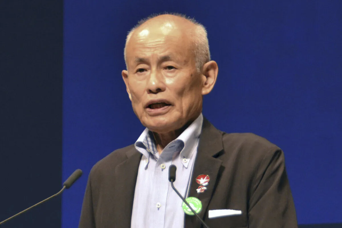 Toshiyuki Mimaki, president of Nihon Hidankyo, or the Japan Confederation of A- and H-Bomb Sufferers Organizations, speaks in an anti-atomic bomb meeting in Hiroshima, Japan, on Aug. 4, 2022. (Kyodo News via AP)