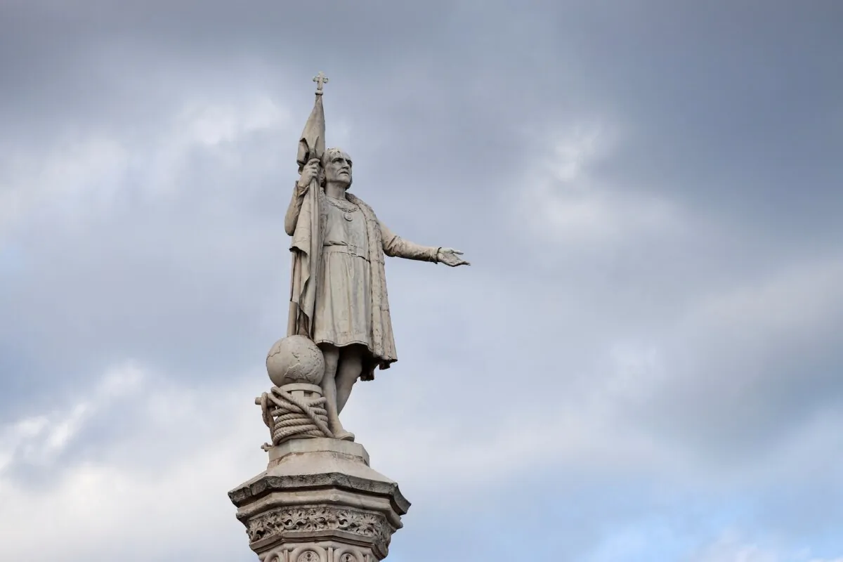 A view of the statue of Christopher Columbus at the square that bears his name, Plaza de Colon, in Madrid on Oct. 10, 2024. (Juan Medina/Reuters)