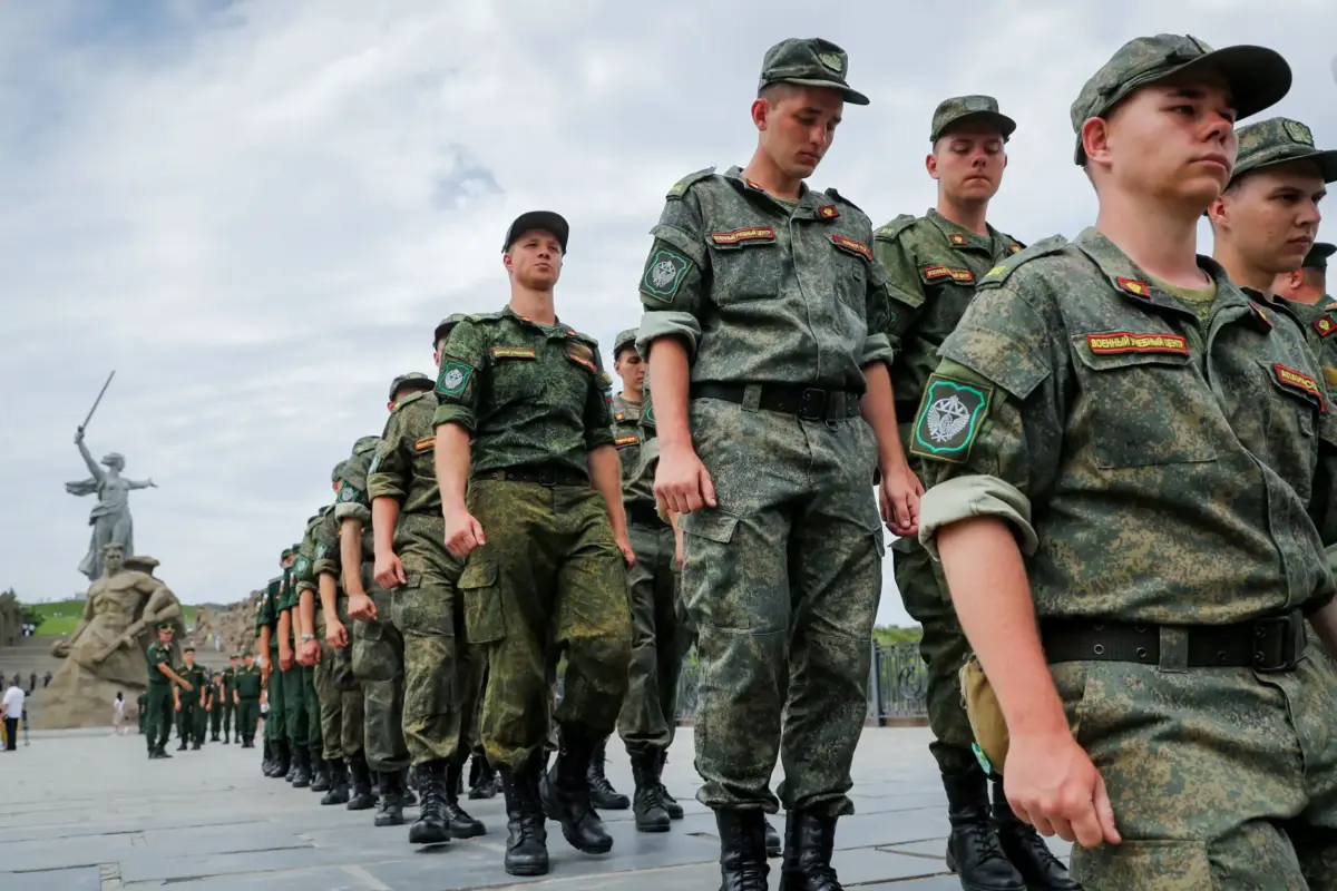 Russian army soldiers march during an action in support for the soldiers involved in the military operation in Ukraine, at the Mamaev Kurgan, a World War II memorial in Volgograd, Russia, on July 11, 2022. (Alexandr Kulikov/AP Photo)