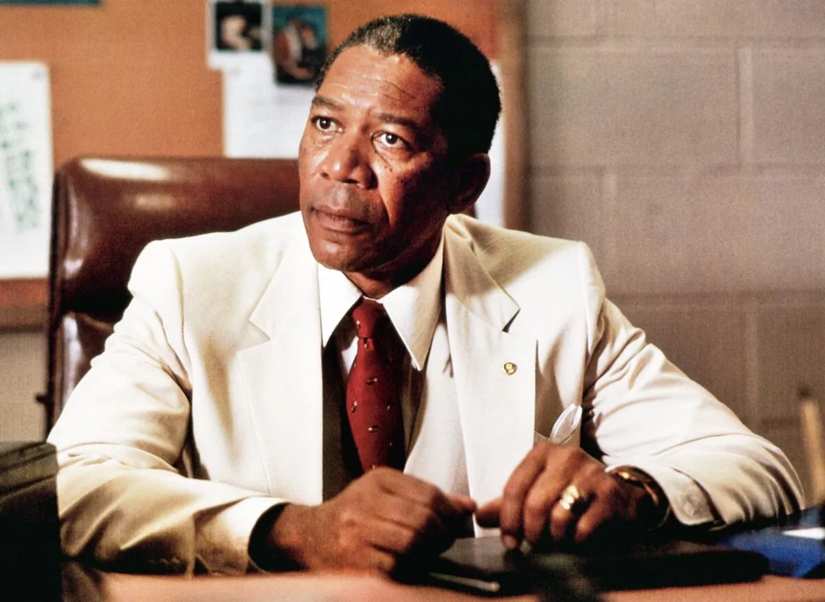 Principal Joe Louis Clark (Morgan Freeman) changed a high school for the better, in "Lean on Me." (MovieStillsDB)