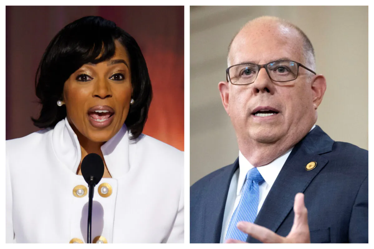 (Left) Maryland Democratic Senate candidate Angela Alsobrooks speaks onstage during the second day of the Democratic National Convention at the United Center in Chicago, Ill., on Aug. 20, 2024. (Right)
Maryland Gov. Larry Hogan holds a news conference at the Maryland State Capitol in Annapolis, Md., on Aug. 5, 2021. (Chip Somodevilla, Drew Angerer/Getty Images)