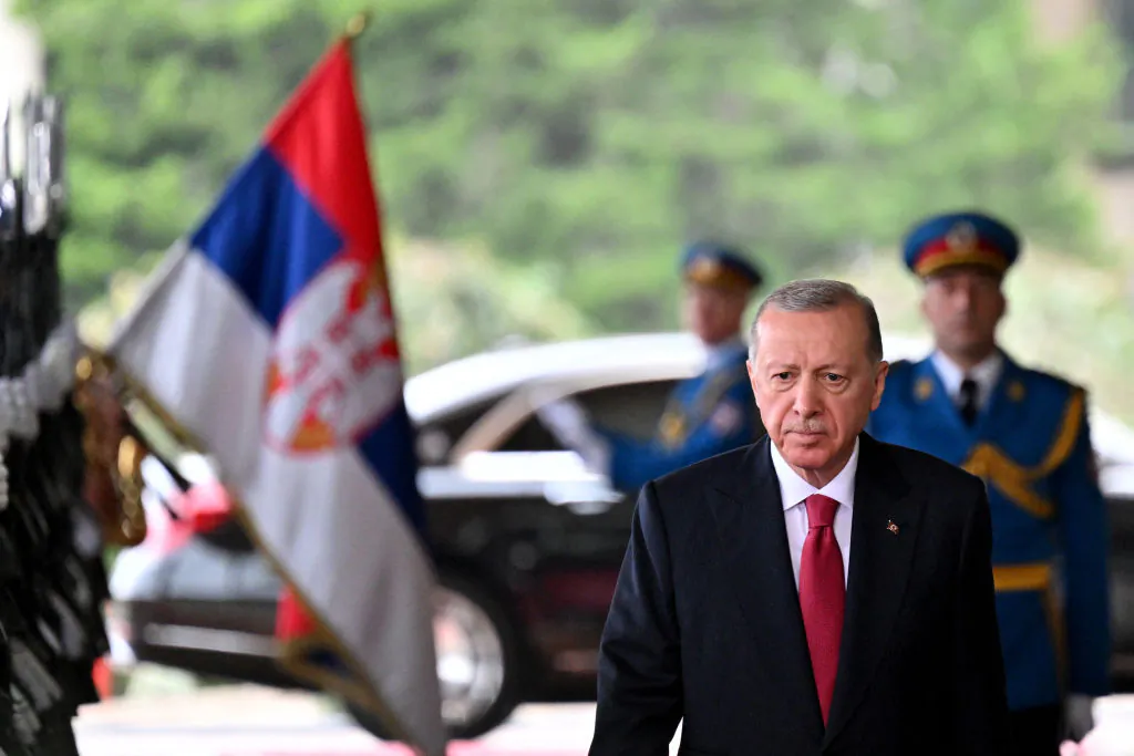 Turkish President Recep Tayyip Erdogan arrives for a meeting with the Serbian president in Belgrade, Serbia, on Oct. 11, 2024. (Andrej Isakovic/AFP via Getty Images)