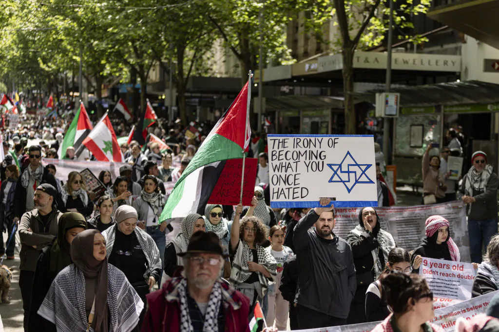Pro-Palestine supporters march towards Flinders Street Station during an organised protest, in Melbourne, Australia, on Oct. 6, 2024. (Diego Fedele/Getty Images)