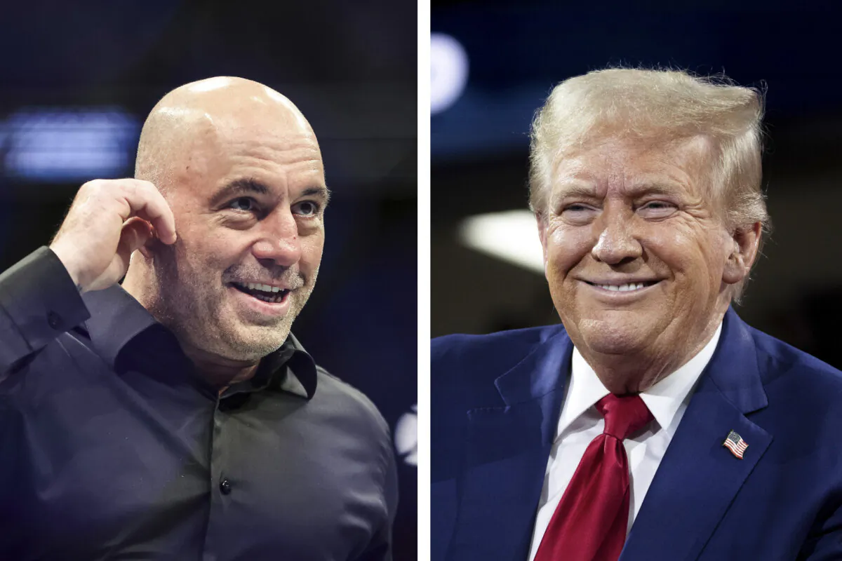 (Left) Joe Rogan in Jacksonville, Fla., on April 9, 2022. (Right) Former President Donald Trump in Flint, Mich., on Sept. 17, 2024. (James Gilbert, Scott Olson/Getty Images)