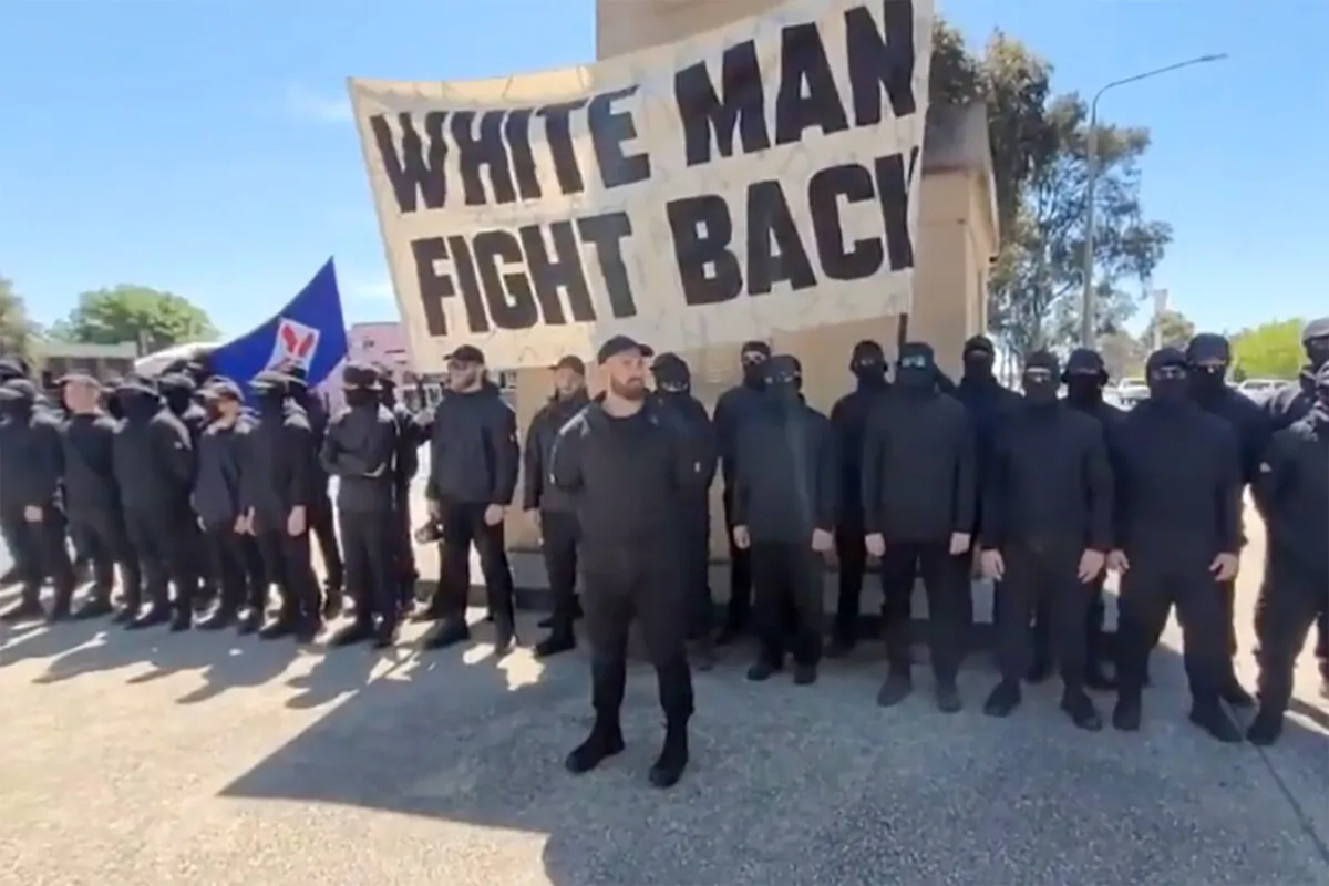 A supplied screen-grab obtained on Oct. 13, 2024, shows a group of white supremacists demonstrating in Corowa, New South Wales on the Murray River in Australia. (AAP Image/Supplied by The Noticer)