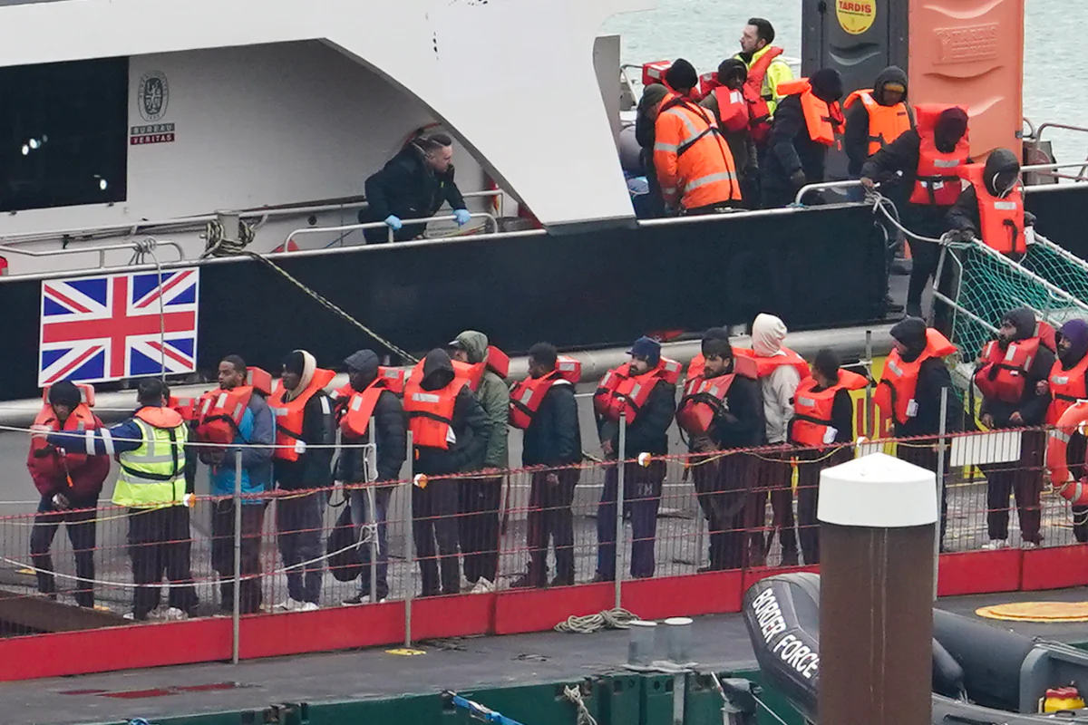 A Border Force vessel brings in a group of illegal immigrants following a small boat incident in the English Channel in Dover, Kent, on Feb. 25, 2024. (Gareth Fuller/PA)