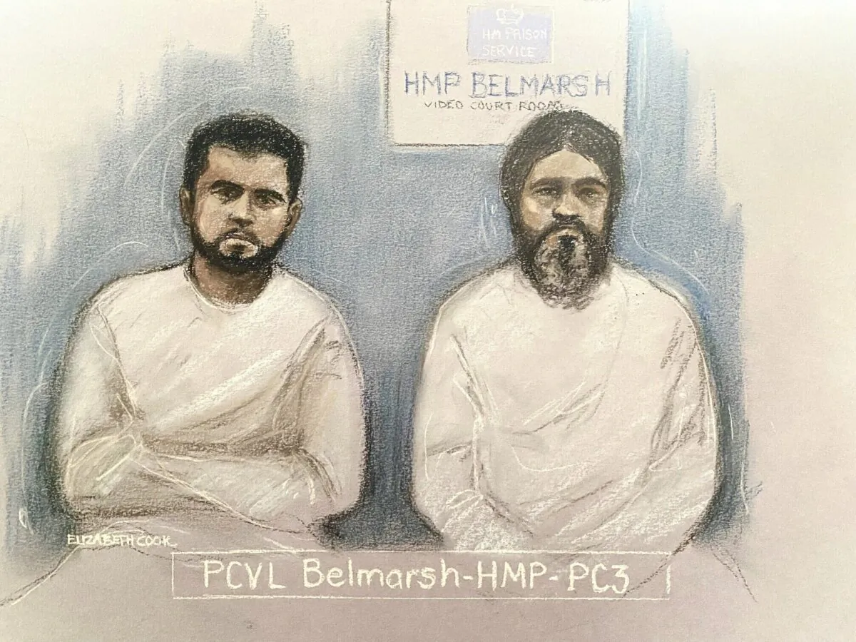 This court artist sketch by Elizabeth Cook shows Sara Sharif's father Urfan Sharif, right, and her uncle Faisal Malik appearing via video-link, from Belmarsh prison, at the Old Bailey in London, Dec. 14, 2023 as three members of her family have pleaded not guilty to her murder. (Elizabeth Cook/PA via AP)