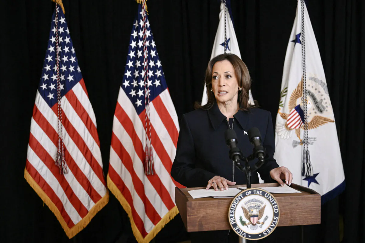 Vice President and Democratic presidential candidate Kamala Harris speaks after Iran launched around 200 missiles on Israel, at the Josephine Butler Parks Center in Washington, on Oct. 1, 2024. (BRENDAN SMIALOWSKI/AFP via Getty Images)