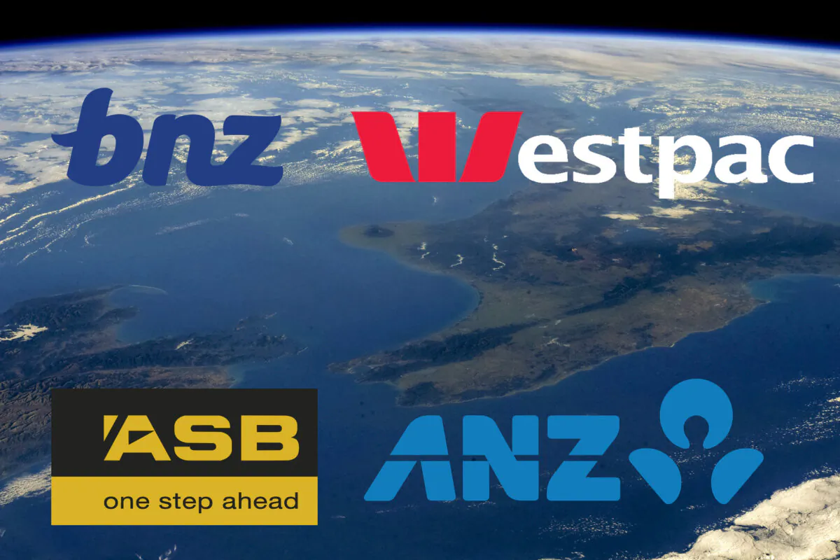 Logos of the four major New Zealand banks. (Illustration by Rex Widerstrom/The Epoch Times, NASA Astronaut Matthias Maurer, CC BY-NC-SA 2.0, Matthias Maurer/Flickr)