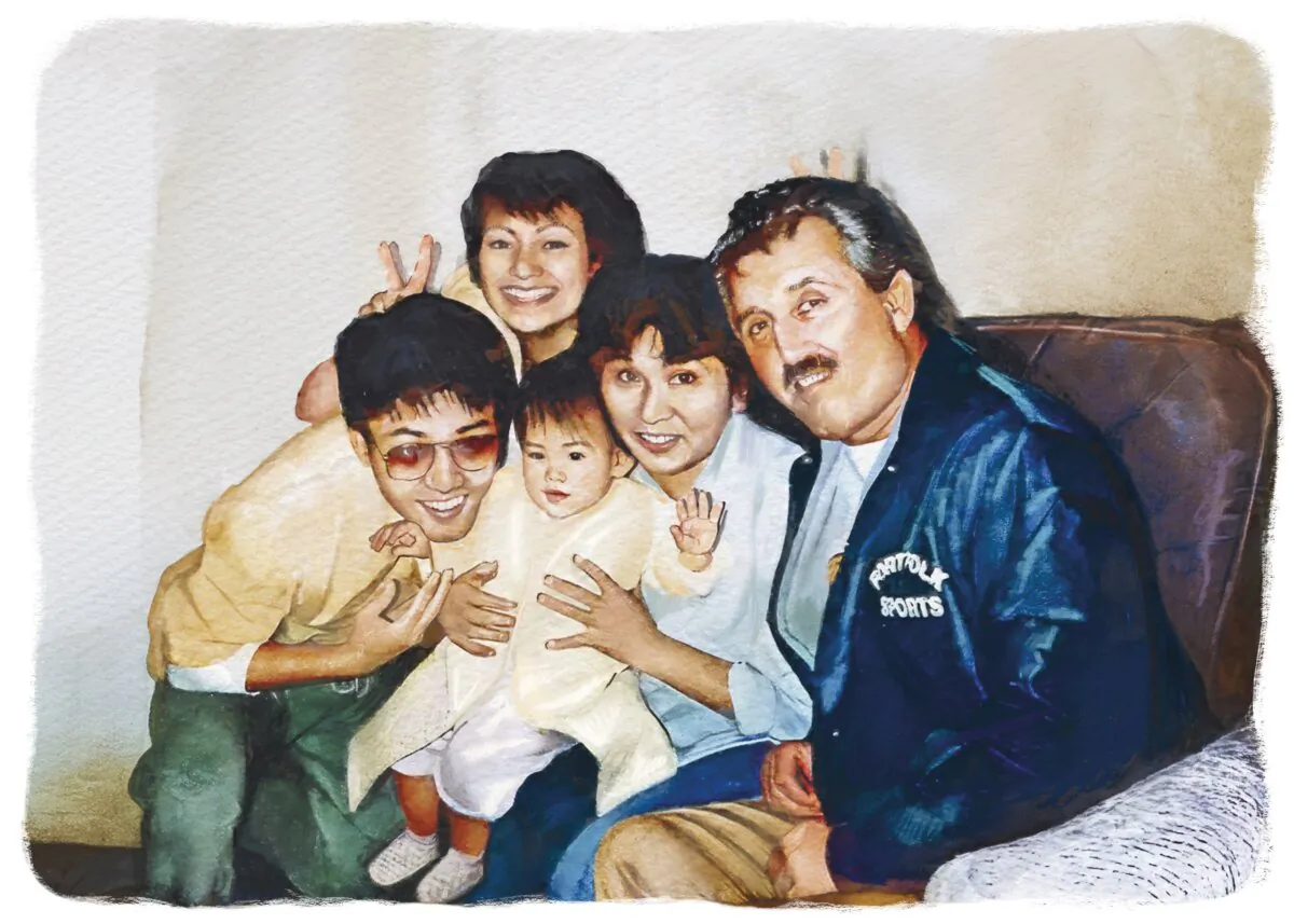 Tony Batteford, in sunglasses, pictured with his father, mother, wife, and first child, in 1987. (Biba Kayewich for American Essence)