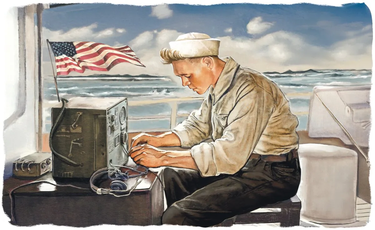An illustration of the author's father serving in the U.S. Coast Guard during World War II. (Biba Kayewich for American Essence)