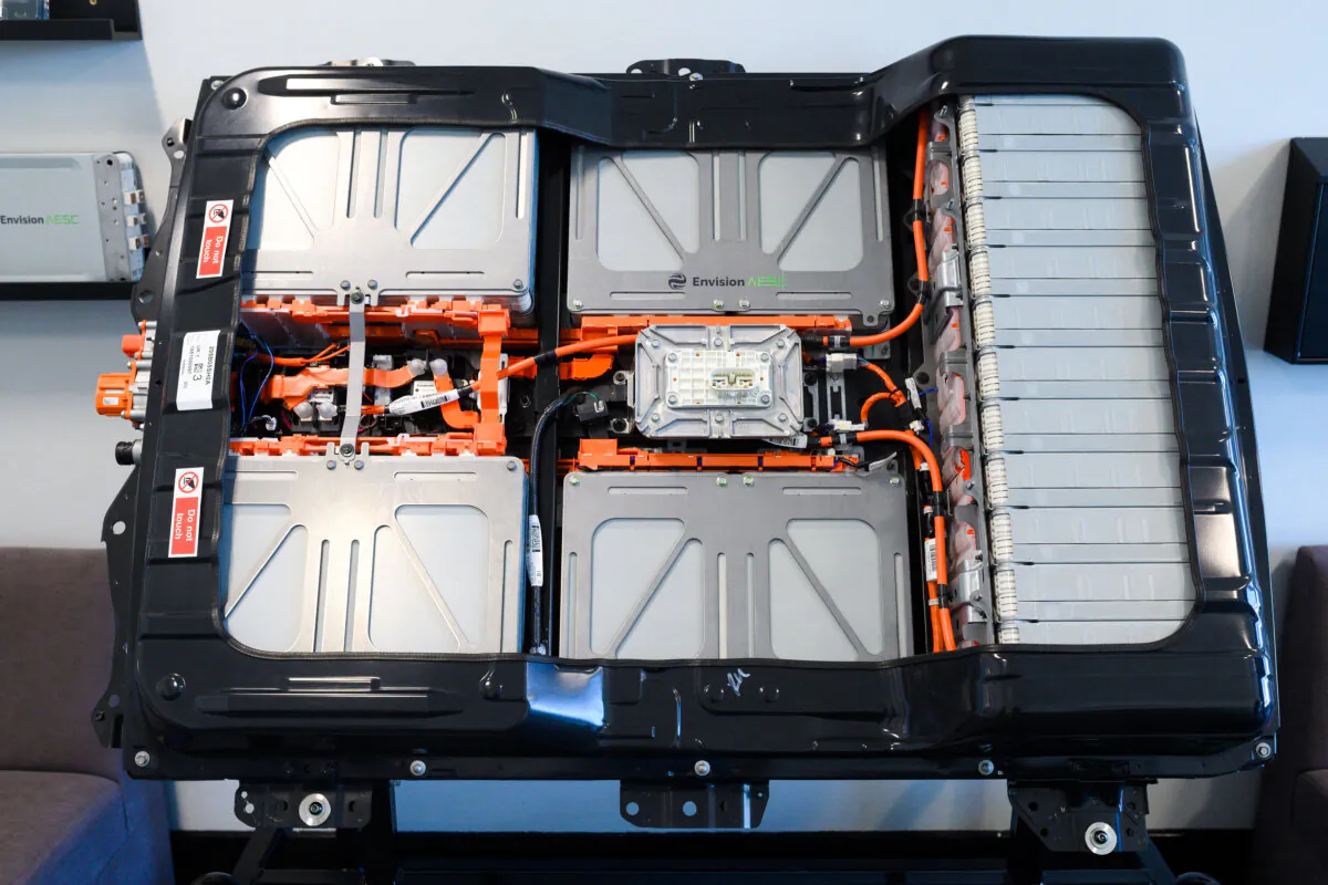 A battery for a Nissan Leaf electric vehicle is on show in the foyer of the Envision battery manufacturing plant at Nissan's plant in Sunderland, England, on July 1, 2021. (Oli Scarff/AFP via Getty Images)