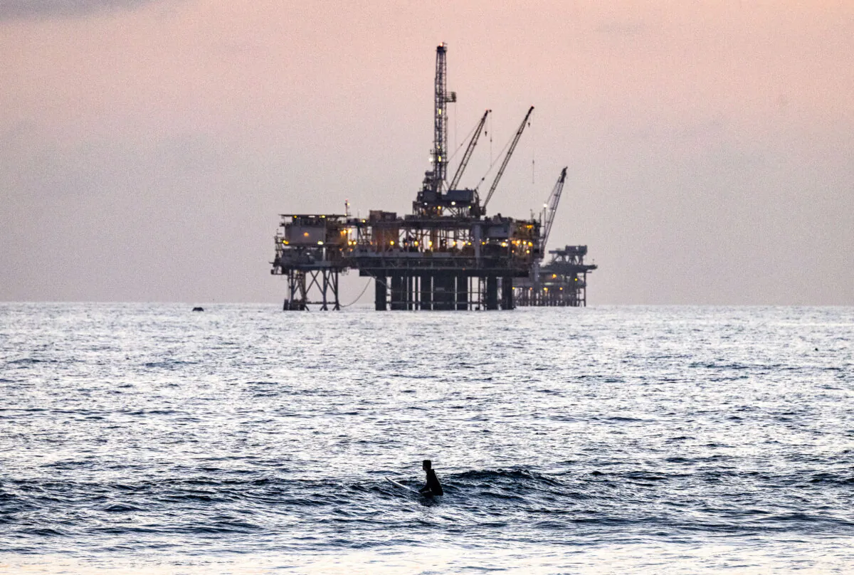 An oil drilling operation off Huntington Beach, Calif., on Sept. 12, 2024. (John Fredricks/The Epoch Times)