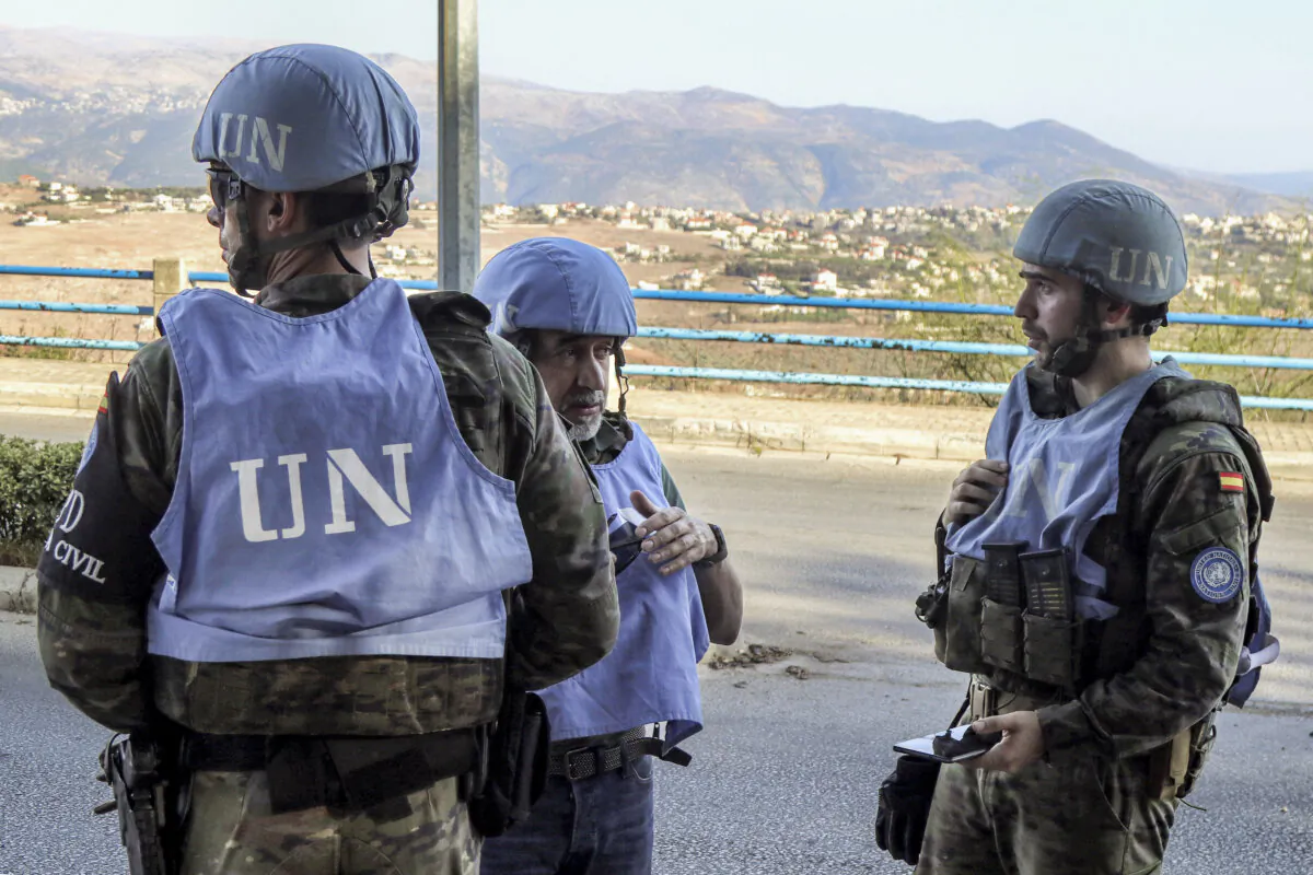 Spanish peacekeepers of the United Nations Interim Force in Lebanon  coordinate their patrol with the Lebanese Military Police, in Marjayoun, south Lebanon, on Oct. 8, 2024. (AFP via Getty Images)