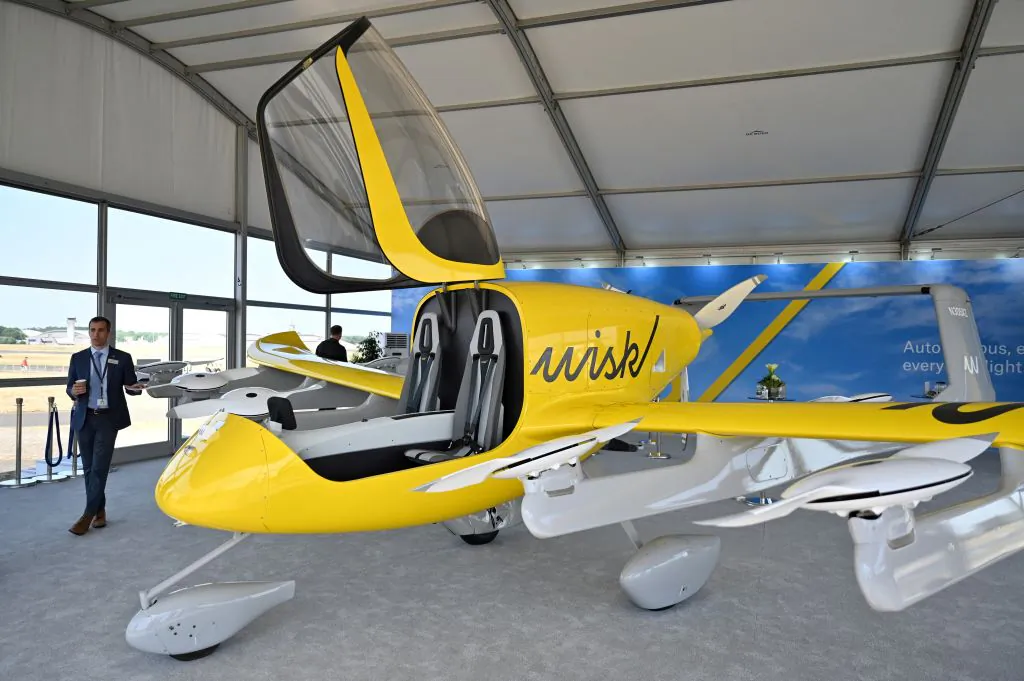 A model of Wisk Aero's eVTOL (electric, vertical take-off and landing) autonomous air taxi is pictured at the Farnborough Airshow, in Farnborough, England on July 19, 2022. (Justin Tallis/AFP via Getty Images)
