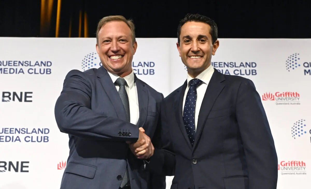 Queensland former Labor Premier Steven Miles (left) and Queensland LNP Premier David Crisafulli (right) at the Brisbane Convention and Exhibition Centre in Brisbane, Australia on Oct. 16, 2024. (AAP Image/Darren England) 