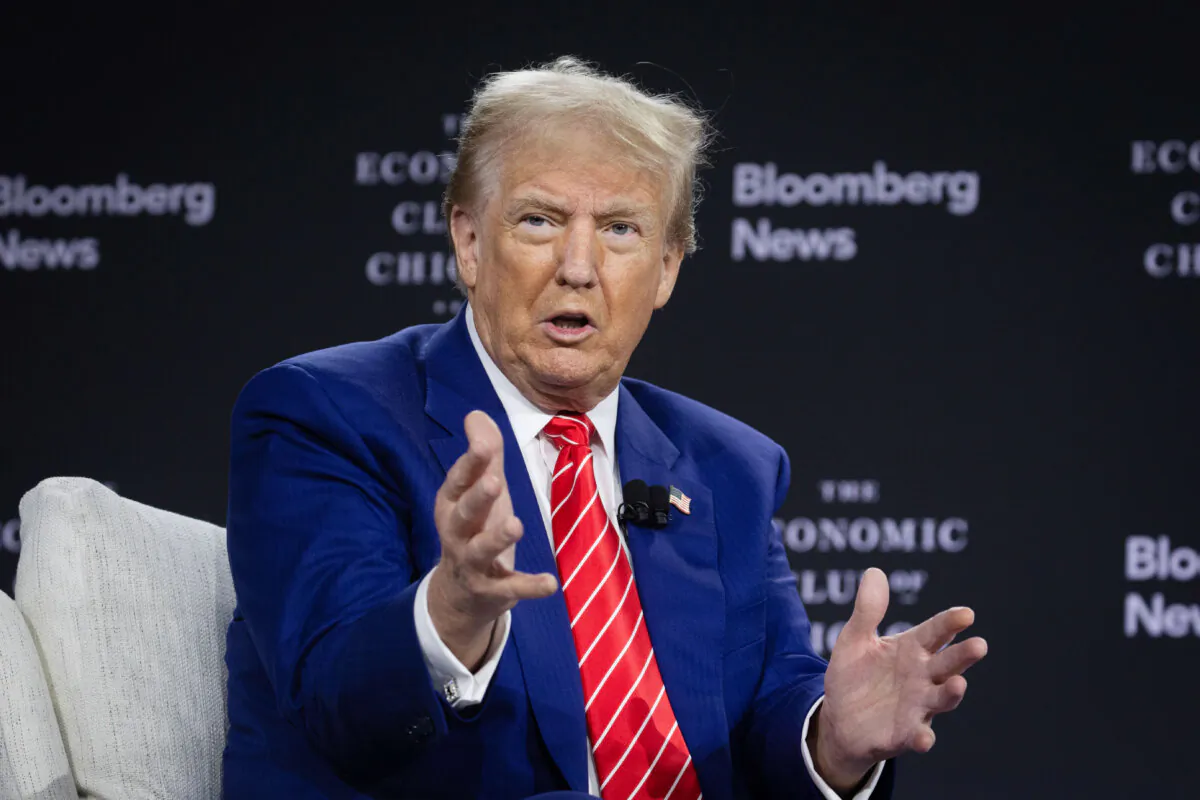 Former President Donald Trump is interviewed by Bloomberg News Editor-in-Chief John Micklethwait during a luncheon hosted by The Economic Club of Chicago on Oct. 15, 2024. (Scott Olson/Getty Images)
