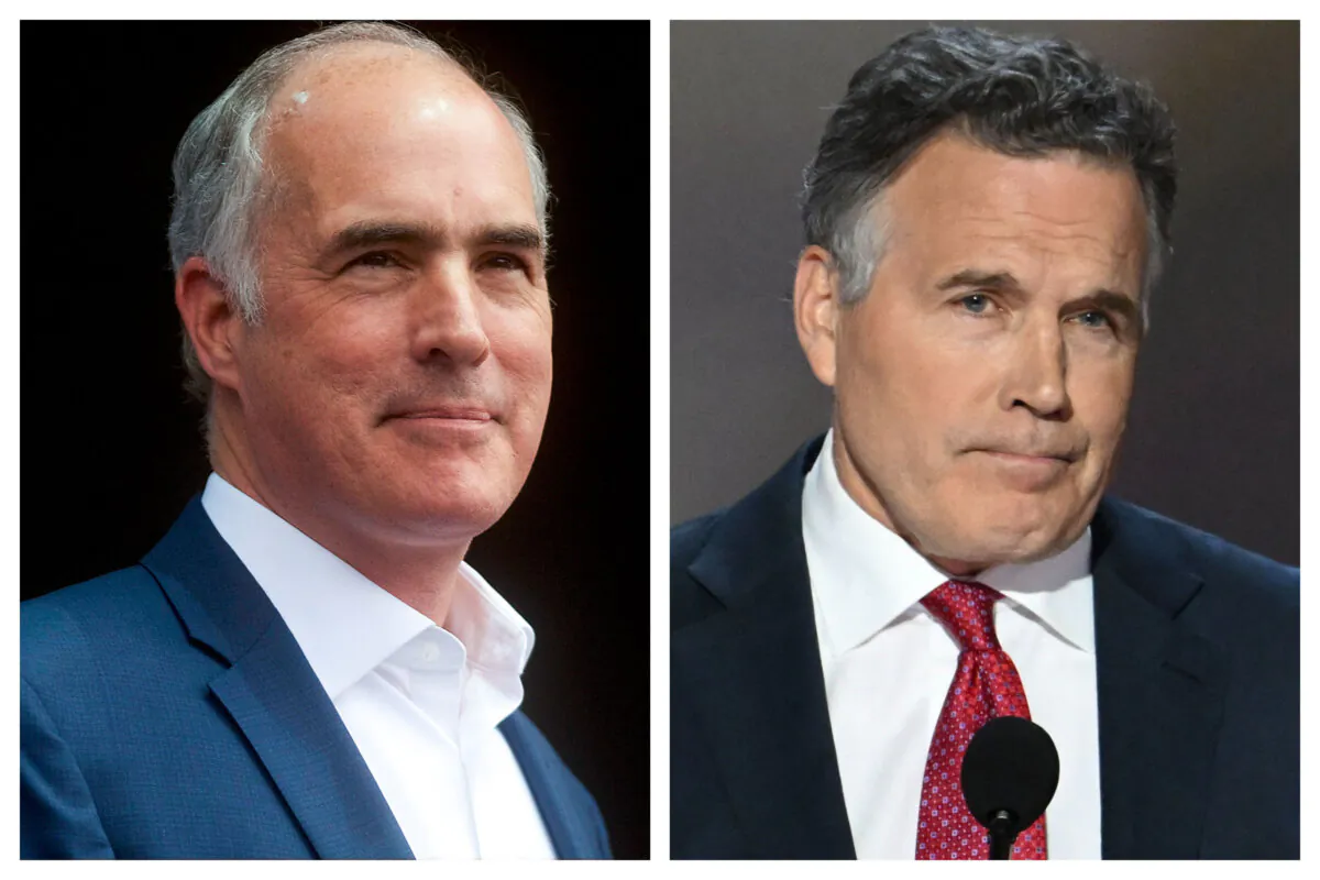 (Left) Senator Bob Casey in Philadelphia on Sept. 21, 2018. (Right) Dave McCormick in Milwaukee on July 16, 2024. (Mark Makela/Getty Images; Andrew Caballero-Reynolds/AFP via Getty Images)