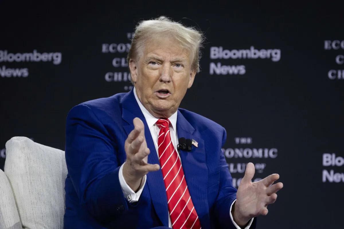 Republican presidential nominee and former President Donald Trump is interviewed during a luncheon hosted by the Economic Club of Chicago in Chicago on Oct. 15, 2024. (Scott Olson/Getty Images)