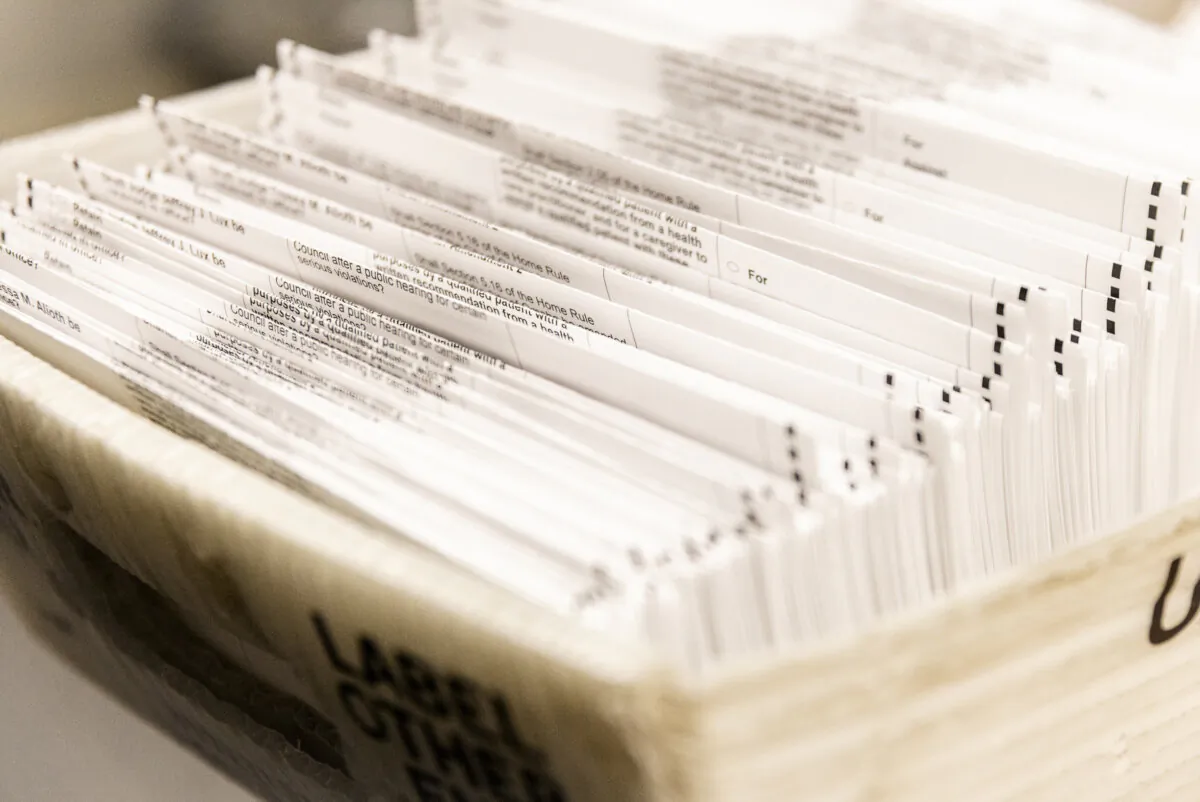 A box of ballots in Omaha, Neb., on Oct 2, 2024. (John Fredricks/The Epoch Times)